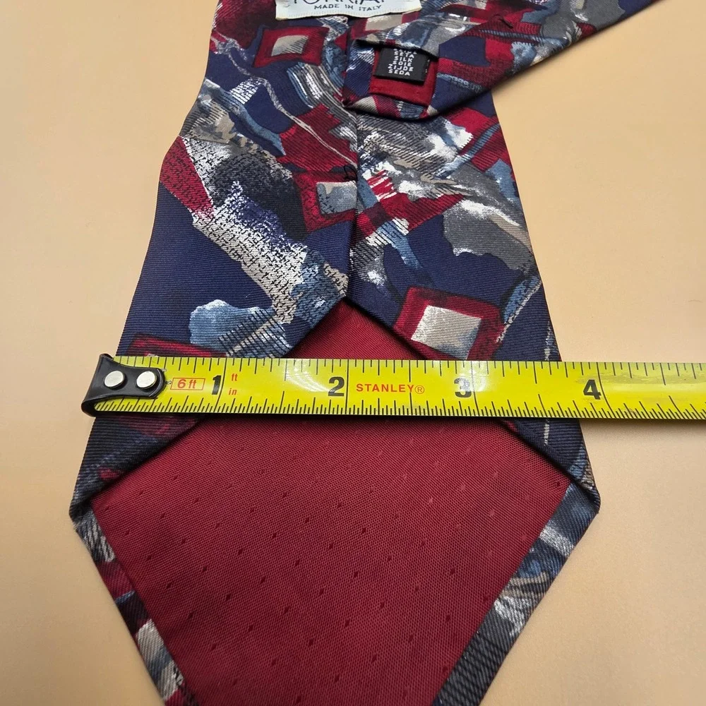 Torriani Mens Silk Tie Abstract Geometric Navy Blue Burgundy Grey Made in Italy